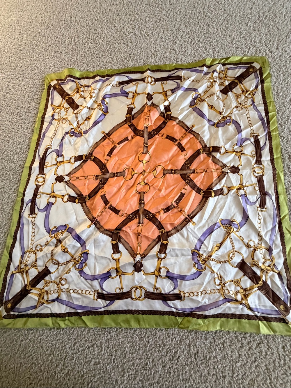 Ralph Lauren Orange Center Gold Chain Print Silk-Feel Decorative Scarf